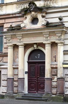 Vintage building in jugendstyle (Art Nouveau) in Riga, Latvia. Architecture detail. Historical building.