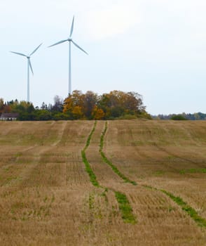 Two wind turbines in the field. Green energy.