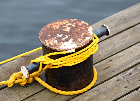 Mooring rope in the port. Macro shot.