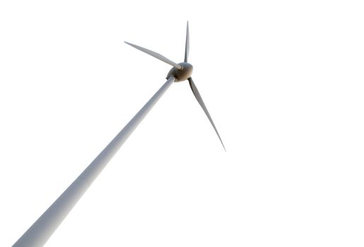 Low angle of the wind turbine isolated against white.