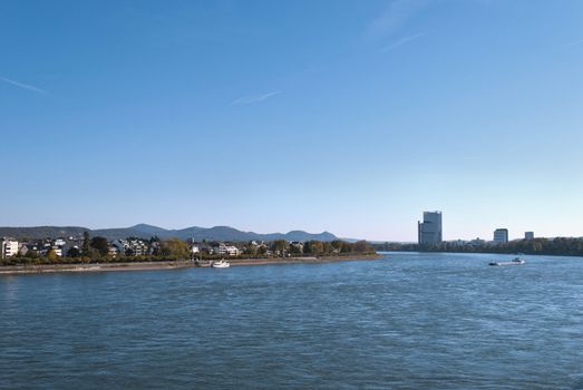 View on the river Rhein and Siebengebirge (lit. "seven mountains" in German) in Bonn, Germany