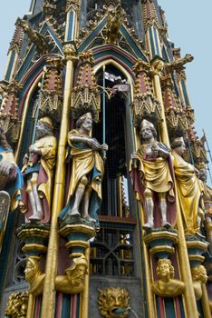 Schoener Brunnen (en:beautiful fountain) in Nuremberg, Geermany, 14th Century fountain located on Nuremberg's main market next to the town hall.