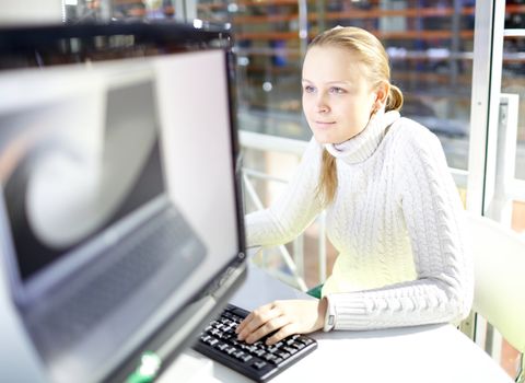 Young girl is choosing the notebook in the online store.