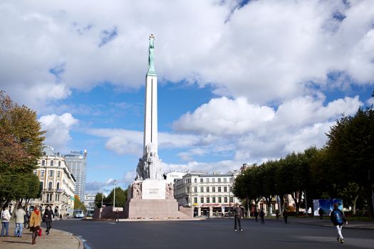 RIGA, LATVIA - OCTOBER 12: The Freedom Monument. It memorial is honouring soldiers killed during the Latvian War of Independence, October 12, 2012 in Riga, Latvia.