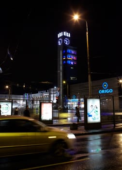 RIGA, LATVIA - OCTOBER 11:  The Riga central railway station at night, October 11, 2012 in Riga, Latvia.