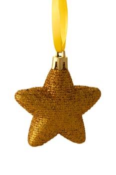 Christmas decoration - golden star on a yellow ribbon. isolated object