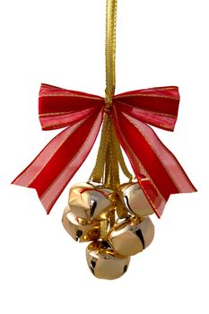 Christmas decoration - five golden bells with a red bow. isolated object