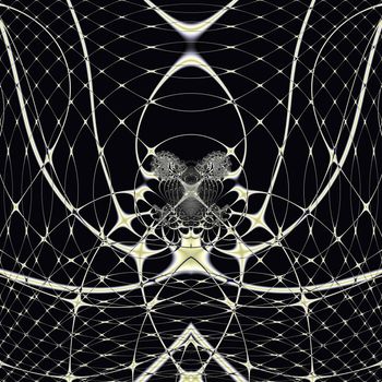 Elegant fractal design, abstract art, golden spiderweb on black background.