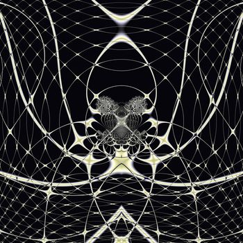 Elegant fractal design, abstract art, golden spiderweb on black background.