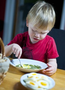 Young caucasian boy eating spinach soup with egg