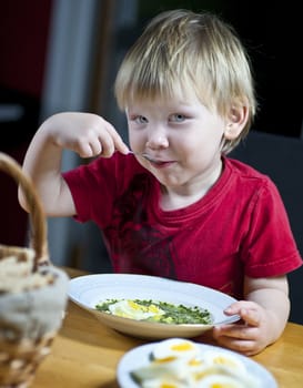 Young caucasian boy eating spinach soup with egg