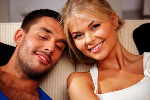 bright picture of happy romantic couple at home (focus on woman)