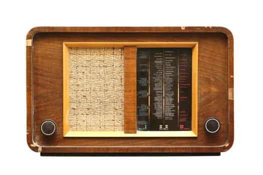 very old wooden radio isolated over white background