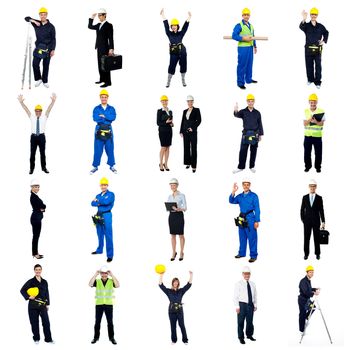 Collection of construction workers. All on white background.