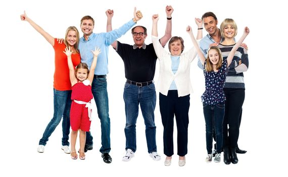 Three generations family portrait. Full length studio shot, collage.