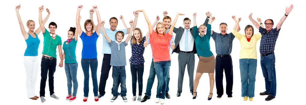 All family members posing cheerfully with raised arms, collage concept.