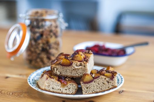 Its time to relish. Delicious cereals, raspberry sauce and fruit pie.