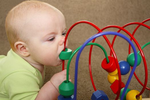 An infant biting a bead on a colorful bead maze toy







Toys I