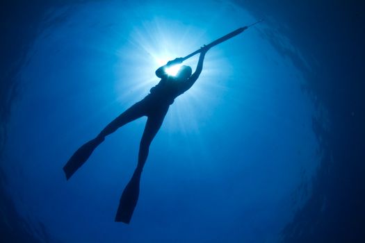 A young woman spearfishing on The Great Barrier Reef