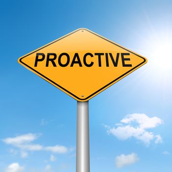 Illustration depicting a roadsign with a proactive concept. Sky background.