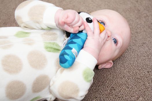 A baby playing on a brown carpeted floor with a penguin-shaped toy.