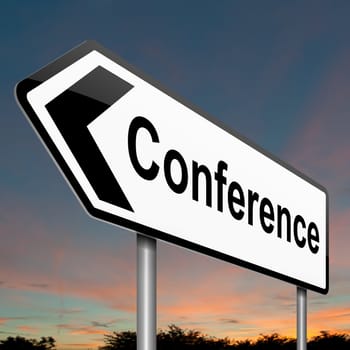 Illustration depicting a roadsign with a conference concept. Dusk sky background.