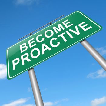 Illustration depicting a roadsign with a proactive concept. Sky background.
