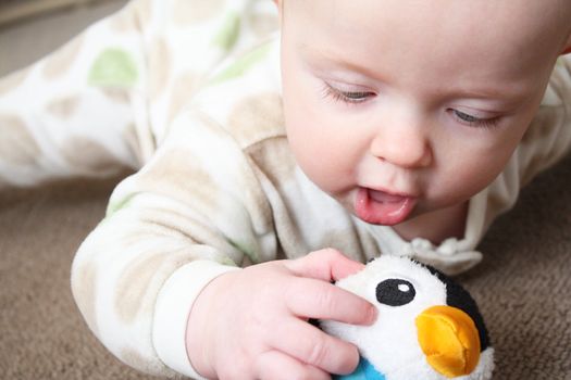 A baby playing on a brown carpeted floor with a penguin-shaped toy.