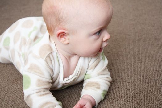 A close-up image of a baby playing on a brown carpet.