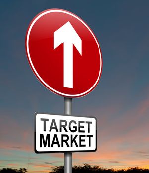Illustration depicting a roadsign with a target market concept. Dusk sky background.