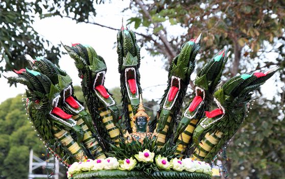Emerald Buddha and King of Nagas made from banana leaf , Loy  kratong festival, Thailand