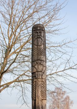 wooden statue of the ancient pagan deities. Dubno, Ukraine