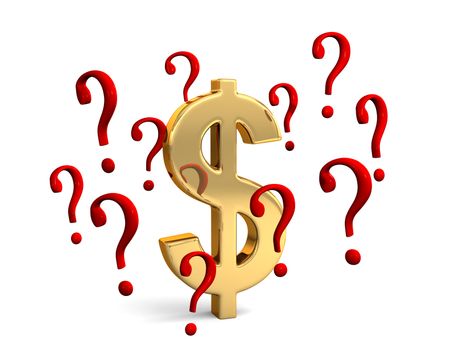 A gold dollar symbol encircled by red question marks portraying financial concepts such as questions about the dollar or how much to spend. Isolated on white