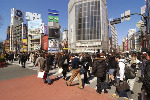 Tokyo, Japan - March 6,  2008 : Pedestrian crowd cross the famous Shibuya street crossing in Tokyo. Shibuya crossing is worldwide famous as most crowded city area.