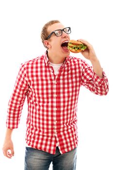 Funny man in glasses eating hamburger isolated on a white