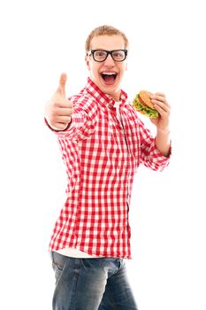 Funny man showing thumbs up and eating hamburger isolated on a white