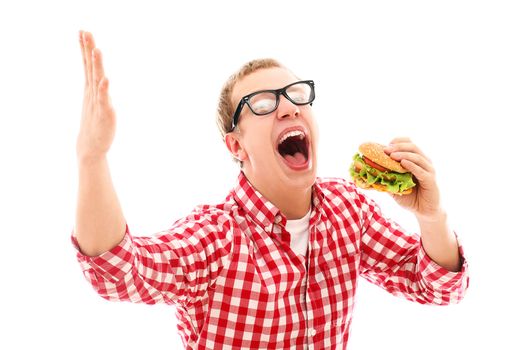 Funny man in glasses eating hamburger isolated on a white