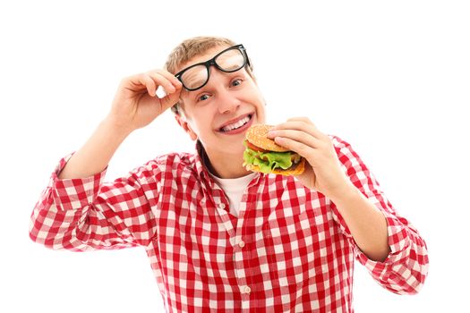 Funny man in glasses eating hamburger isolated on a white