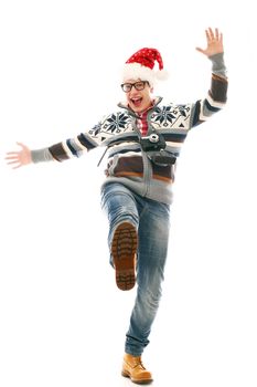 Funny man in christmas hat with camera hat isolated on a wite