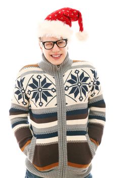 Funny man with glasses in christmas hat isolated on a wite