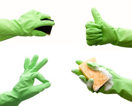 Hand with green glove holding foamy cleaning sponge isolated on white
