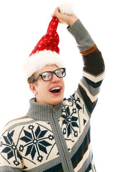 Funny man with glasses in christmas hat isolated on a wite