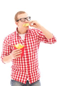 Funny man in glasses with crisp french fries and hamburger