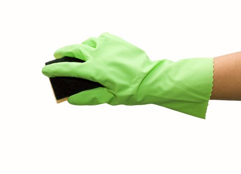 Close up of hand in gloves holding sponge for housework on white background 