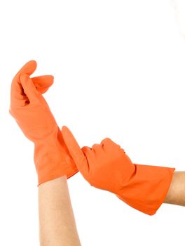 Close-up on female hands wearing protective rubber gloves. Isolated on white
