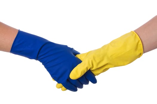 Handshake. Hands in gloves of different colors shrug