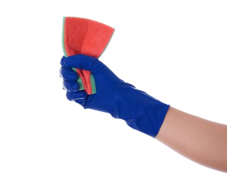 Hand in rubber glove holding colorful sponges on white