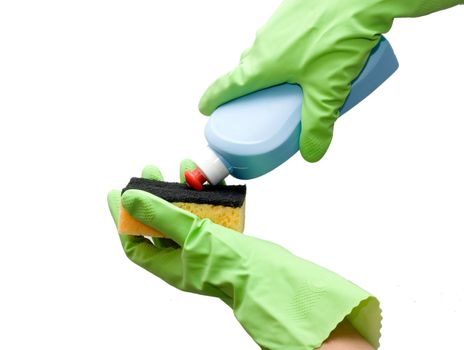 Hands with sponge and cleaning liquid