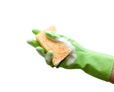 Hand with green glove holding foamy cleaning sponge; isolated on white
