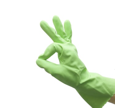 Hand of housewife in a green kitchen glove gesturing OK isolated on white background